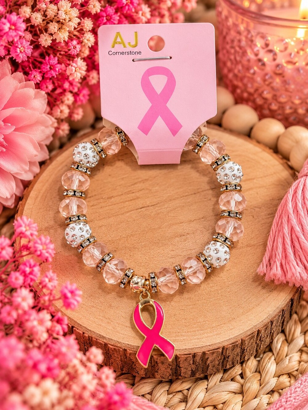 Pink Ribbon Crystal Beaded Bracelet